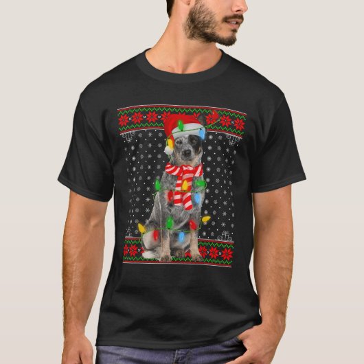 Ugly Xmas Dog Lights Santa Hat Blue Heeler Dog Chr Tシャツ (正面)