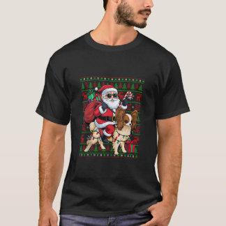 Ugly Xmas Lights Funny Santa Riding Papillon Dog C Tシャツ