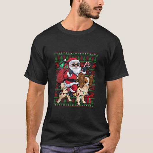 Ugly Xmas Lights Funny Santa Riding Papillon Dog C Tシャツ (正面)