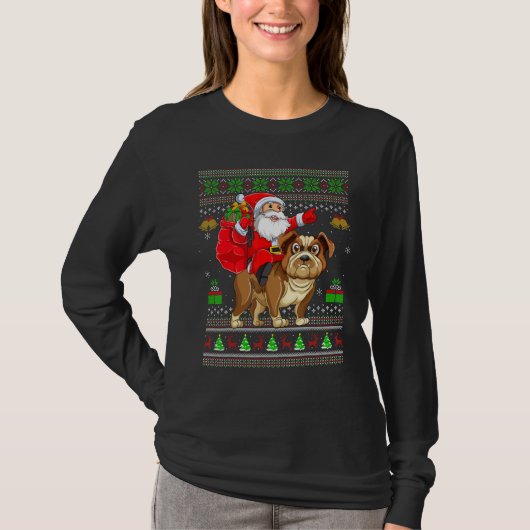 Ugly Xmas Santa Riding Bulldog Christmas Tシャツ (正面)