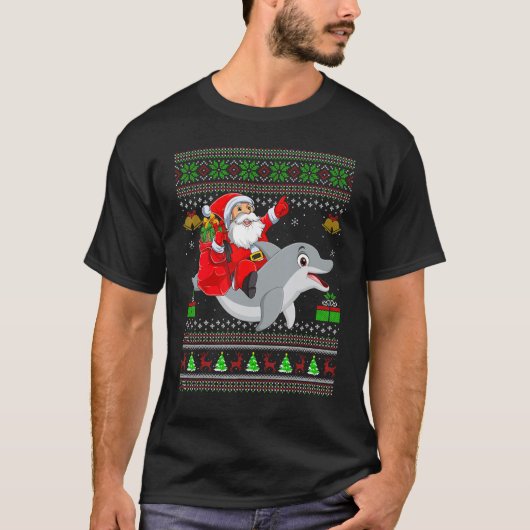 Ugly Xmas Santa Riding Dolphin Fish Christmas Tシャツ (正面)