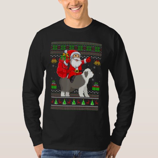 Ugly Xmas Santa Riding English Sheepdog Christmas Tシャツ (正面)