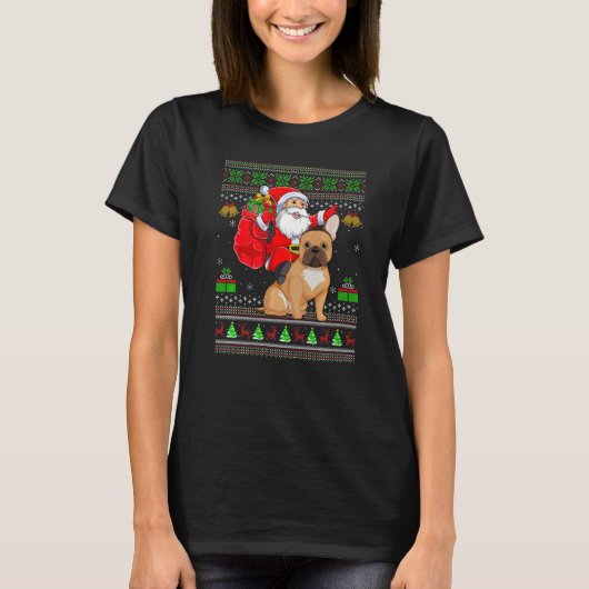 Ugly Xmas Santa Riding French Bulldog Christmas Tシャツ (正面)