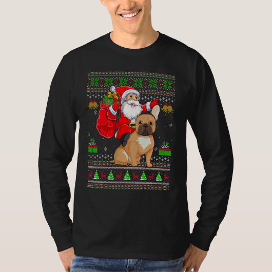 Ugly Xmas Santa Riding French Bulldog Christmas Tシャツ (正面)