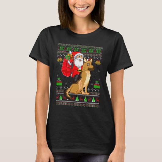 Ugly Xmas Santa Riding German Shepherd Dog Christm Tシャツ (正面)