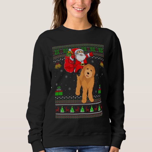 Ugly Xmas Santa Riding Goldendoodle Dog Christmas スウェットシャツ (正面)