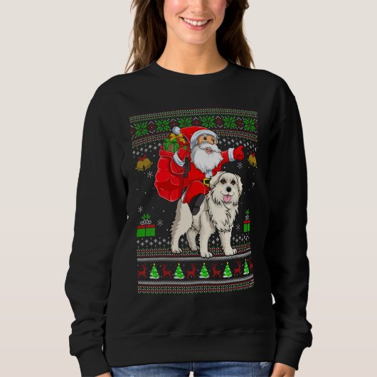 Ugly Xmas Santa Riding Great Pyrenees Dog Christma スウェットシャツ (正面)