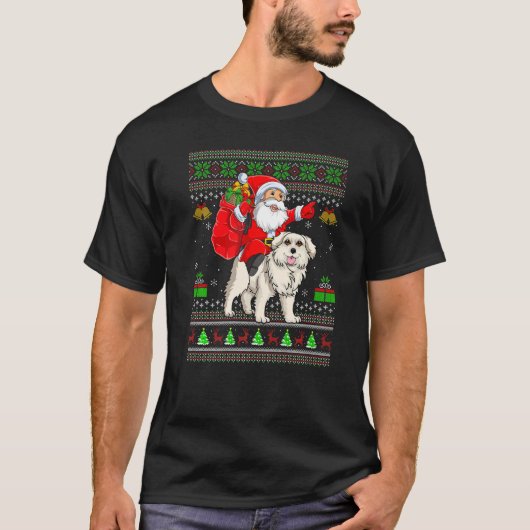 Ugly Xmas Santa Riding Great Pyrenees Dog Christma Tシャツ (正面)