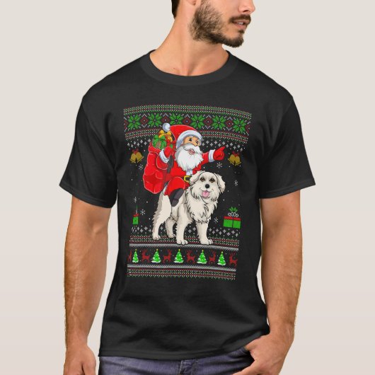 Ugly Xmas Santa Riding Great Pyrenees Dog Christma Tシャツ (正面)