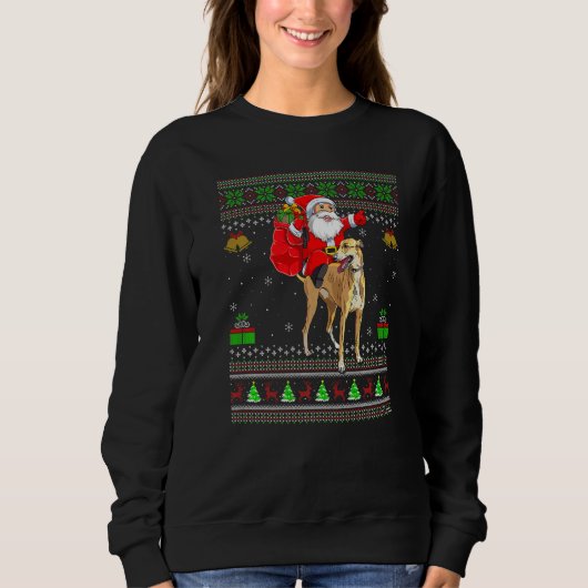 Ugly Xmas Santa Riding Greyhound Dog Christmas スウェットシャツ (正面)