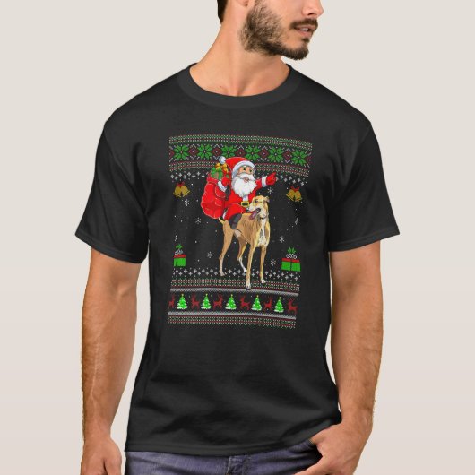Ugly Xmas Santa Riding Greyhound Dog Christmas Tシャツ (正面)