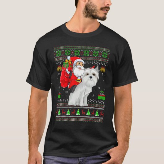 Ugly Xmas Santa Riding Maltese Dog Christmas Tシャツ (正面)