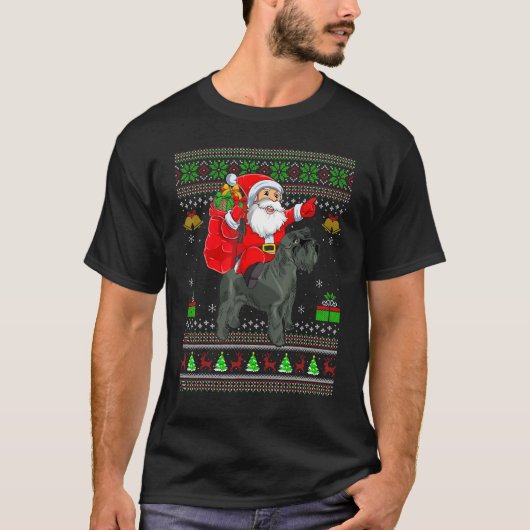 Ugly Xmas Santa Riding Miniature Schnauzer Dog Chr Tシャツ (正面)
