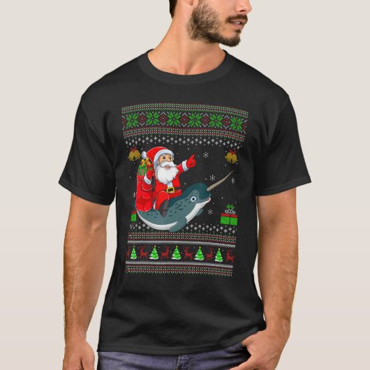 Ugly Xmas Santa Riding Narwhal Christmas Tシャツ (正面)