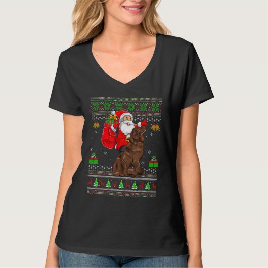 Ugly Xmas Santa Riding Newfoundland Dog Christmas Tシャツ (正面)