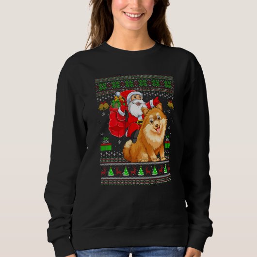 Ugly Xmas Santa Riding Pomeranian Dog Christmas スウェットシャツ (正面)