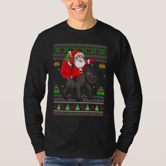 Ugly Xmas Santa Riding Schnauzer Dog Christmas Tシャツ (正面)