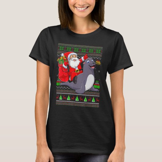 Ugly Xmas Santa Riding Seals Christmas Tシャツ (正面)