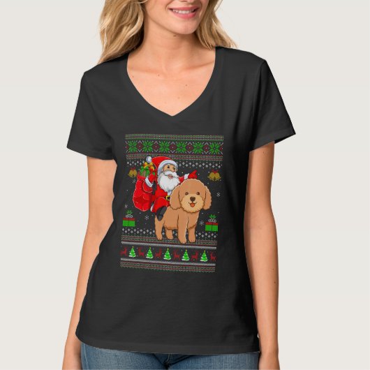 Ugly Xmas Santa Riding Toy Poodle Dog Christmas Tシャツ (正面)