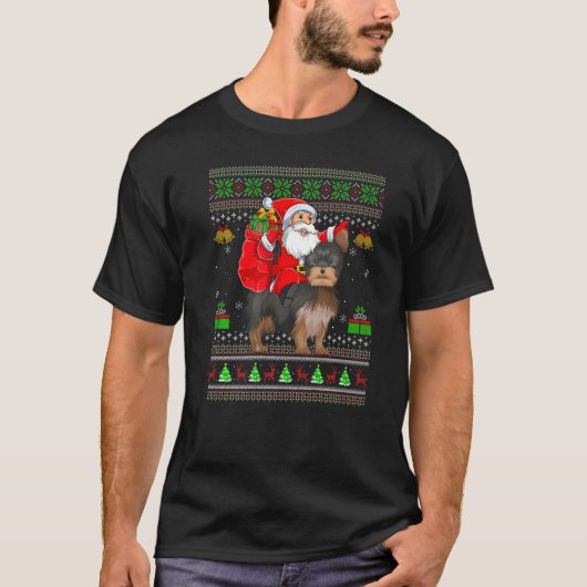 Ugly Xmas Santa Riding Yorkshire Terrier Dog Chris Tシャツ (正面)