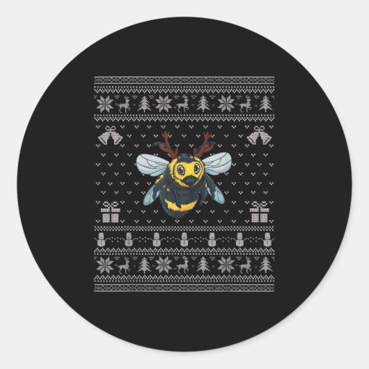 Ugly Xmas Sweater Style Bumble Bee Reindeer Christ ラウンドシール (正面)