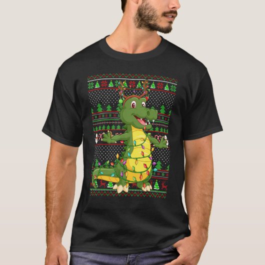 Ugly Xmas Sweater Style Lighting Alligator Christm Tシャツ (正面)