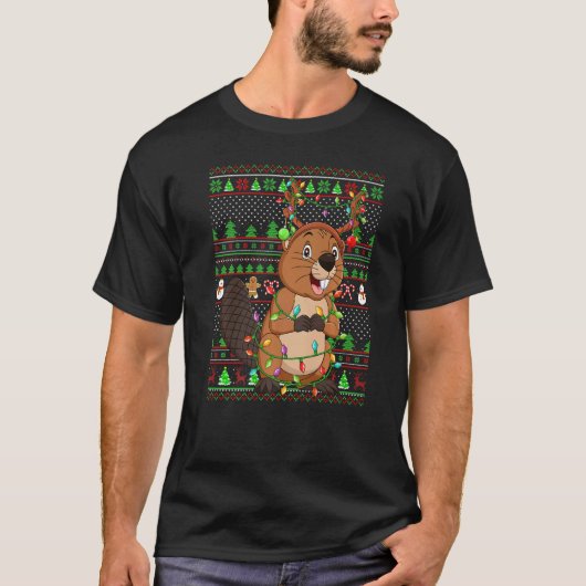 Ugly Xmas Sweater Style Lighting Beaver Christmas  Tシャツ (正面)