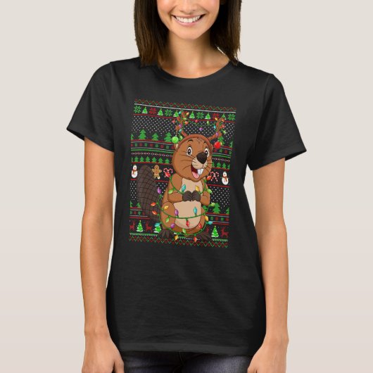 Ugly Xmas Sweater Style Lighting Beaver Christmas Tシャツ (正面)