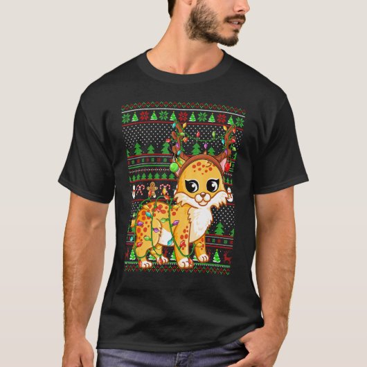 Ugly Xmas Sweater Style Lighting Bobcat Christmas Tシャツ (正面)