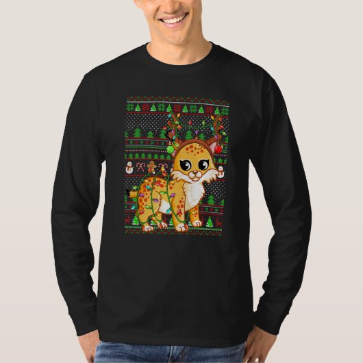 Ugly Xmas Sweater Style Lighting Bobcat Christmas Tシャツ (正面)