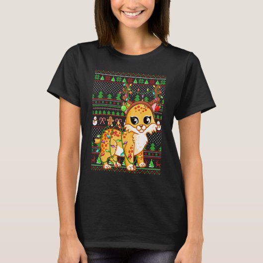 Ugly Xmas Sweater Style Lighting Bobcat Christmas Tシャツ (正面)