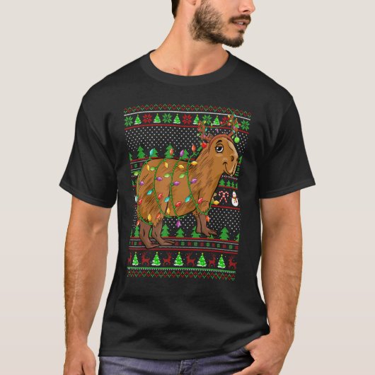Ugly Xmas Sweater Style Lighting Capybara Christma Tシャツ (正面)