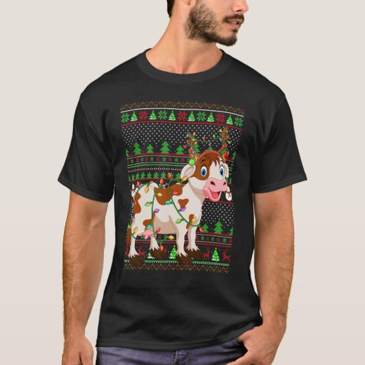 Ugly Xmas Sweater Style Lighting Cattle Christmas Tシャツ (正面)