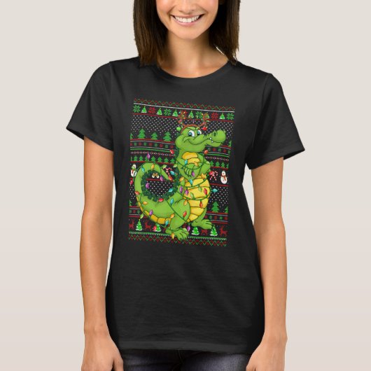 Ugly Xmas Sweater Style Lighting Crocodile Christm Tシャツ (正面)