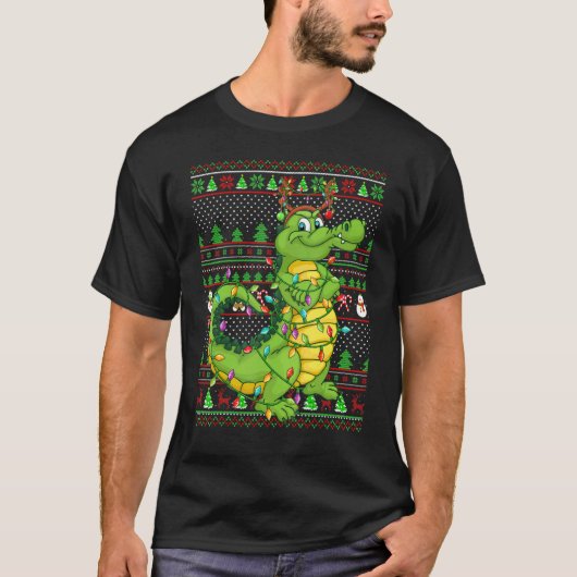 Ugly Xmas Sweater Style Lighting Crocodile Christm Tシャツ (正面)
