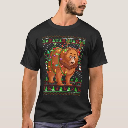 Ugly Xmas Sweater Style Lighting Grizzly Bear Chri Tシャツ (正面)