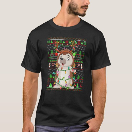 Ugly Xmas Sweater Style Lighting Hedgehog Christma Tシャツ (正面)