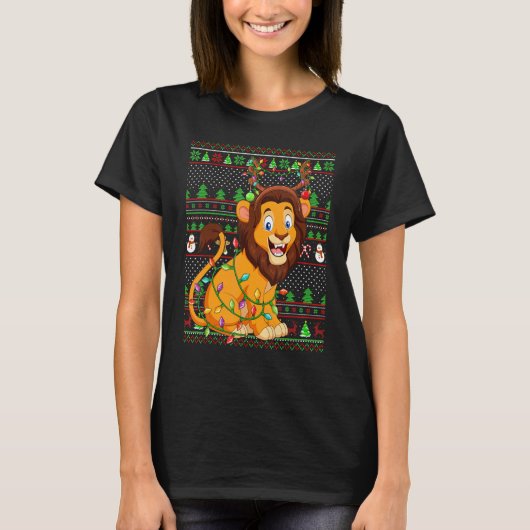 Ugly Xmas Sweater Style Lighting Lion Christmas Tシャツ (正面)
