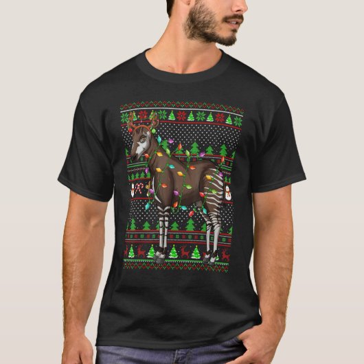 Ugly Xmas Sweater Style Lighting Okapi Christmas Tシャツ (正面)
