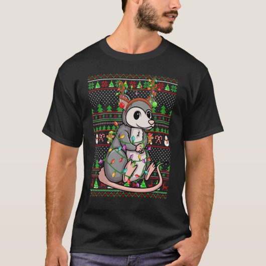 Ugly Xmas Sweater Style Lighting Opossum Christmas Tシャツ (正面)