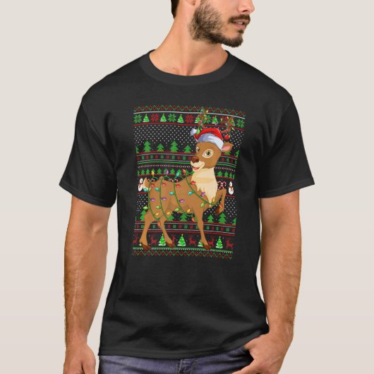 Ugly Xmas Sweater Style Lighting Reindeer Christma Tシャツ (正面)