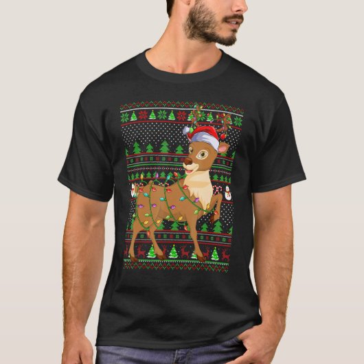 Ugly Xmas Sweater Style Lighting Reindeer Christma Tシャツ (正面)