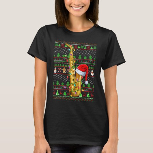 Ugly Xmas Sweater Style Lighting Saxophone Christm Tシャツ (正面)