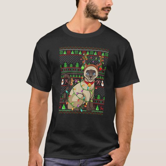 Ugly Xmas Sweater Style Lighting Siamese Cat Chris Tシャツ (正面)