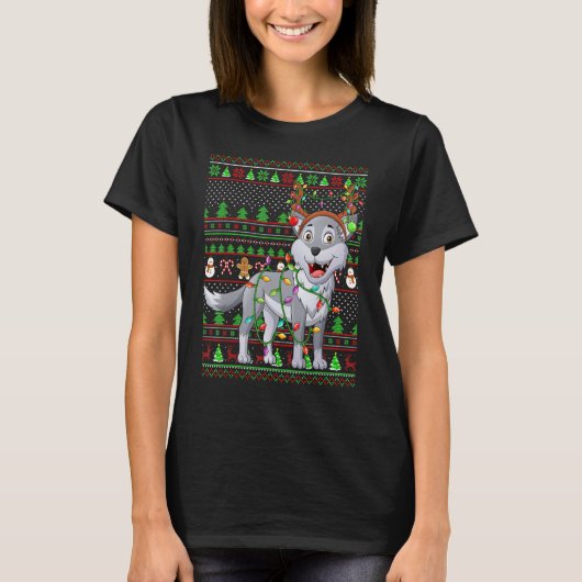 Ugly Xmas Sweater Style Lighting Wolf Christmas Tシャツ (正面)