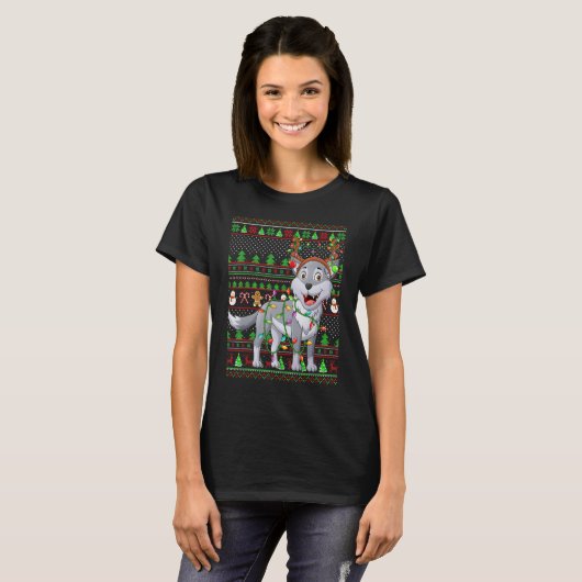 Ugly Xmas Sweater Style Lighting Wolf Christmas Tシャツ (正面フル)