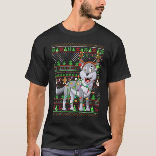 Ugly Xmas Sweater Style Lighting Wolf Christmas Tシャツ (正面)