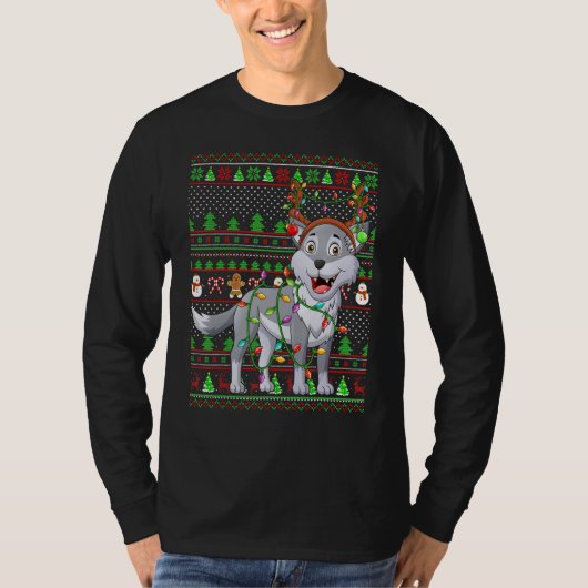 Ugly Xmas Sweater Style Lighting Wolf Christmas Tシャツ (正面)