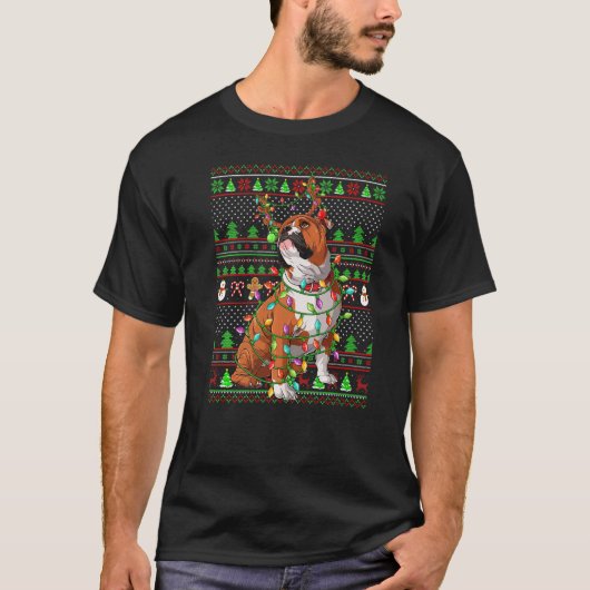 Ugly Xmas Sweater Style Lights English Bulldog Chr Tシャツ (正面)