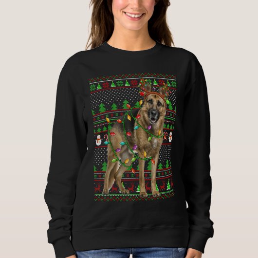 Ugly Xmas Sweater Style Lights German Shepherd Dog スウェットシャツ (正面)